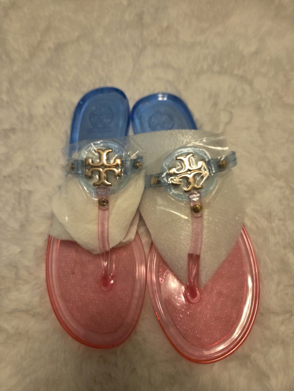 Tory Burch Pink and Blue Jelly Logo Thong Sandals for Kids